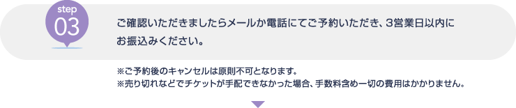 [step03] ご確認いただきましたらメールか電話にてご予約いただき、3営業日以内にお振込みください。